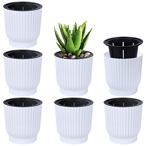 Herefun 7 Piezas Auto Riego Plantador, Macetero Redondo Blanco Auto Riego Plantador Maceta de Flore, Maceta Autorriego Interior y Exterior Oficina...