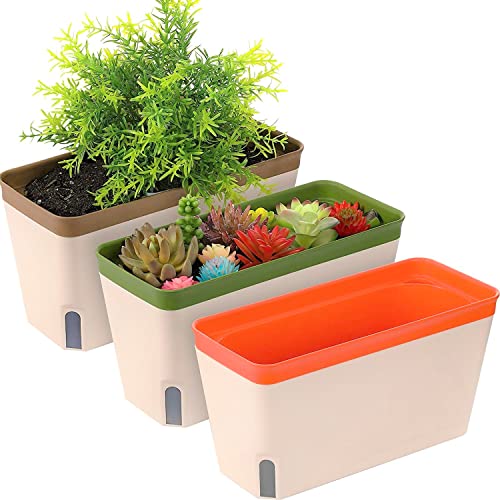 LATERN 3 Piezas Autorriego Maceta, 27CM Maceta de Plástico Rectangular Macetas de Bonsái de Flores de Jardín para Plantas - con Ventana de Nivel de...